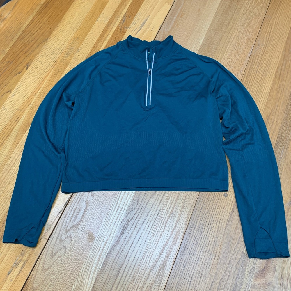 Hind‎ Running Womens Teal Quarter Zip Pullover Cropped Seamless Top Thumbholes